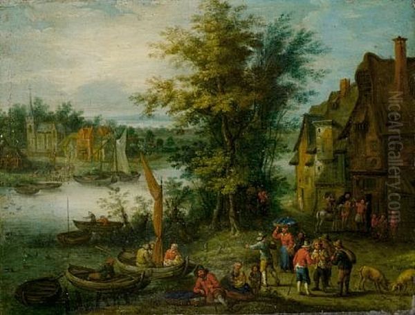 Peasants Crossing A River On Barges, Before An Open Landscape Oil Painting by Karel Beschey