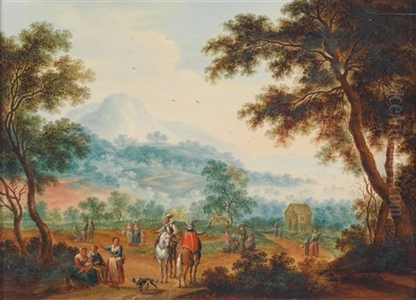 Weite Hugellandschaft Mit Reitern Und Landvolk Oil Painting by Karel Beschey