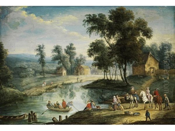 Figurenreiche Landschaft Mit Kleinem Flusslauf Und Seitlich Unter Baumen Stehenden Hausern Oil Painting by Karel Beschey