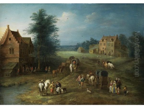 Landschaft Mit Gebauden, Markt, Karren Und Figurenstaffage Oil Painting by Karel Beschey