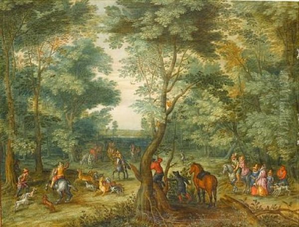 A Wooded Landscape With An Elegant Party Onlookers Watching As Huntsman Move In With Their Hounds For The Kill Of A Stag And Hart by Karel Beschey