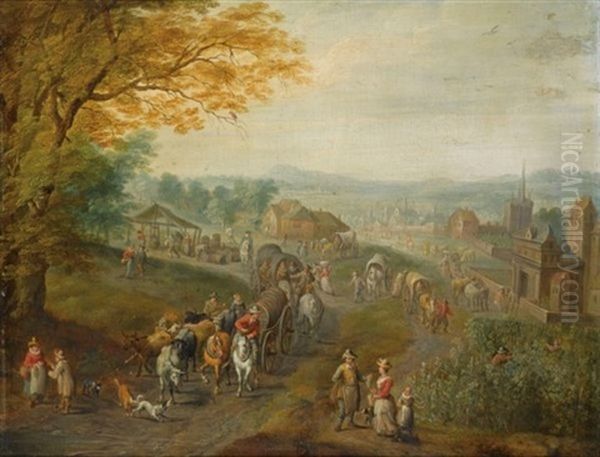 A Landscape With Travellers With Horse-drawn Wagons On A Path, A View Of A Town Beyond Oil Painting by Karel Beschey