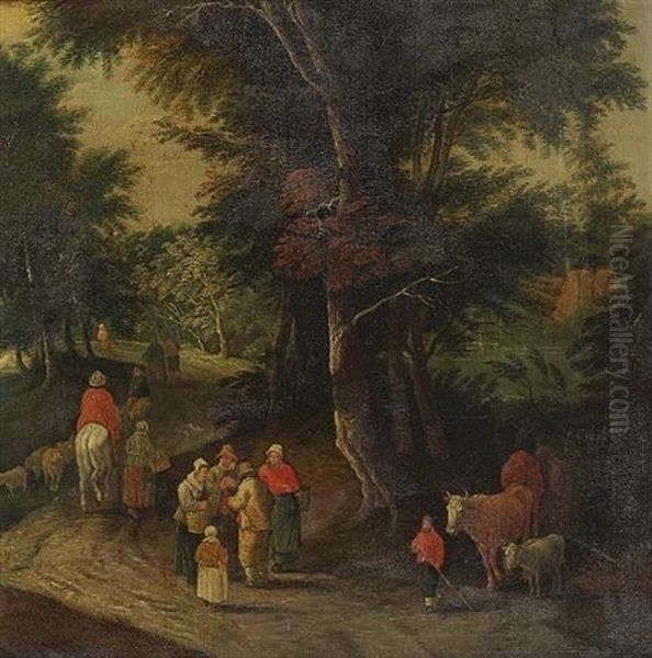 A Wooded Landscape With Figures, Cattle And Sheep On A Hillside Path Oil Painting by Karel Beschey