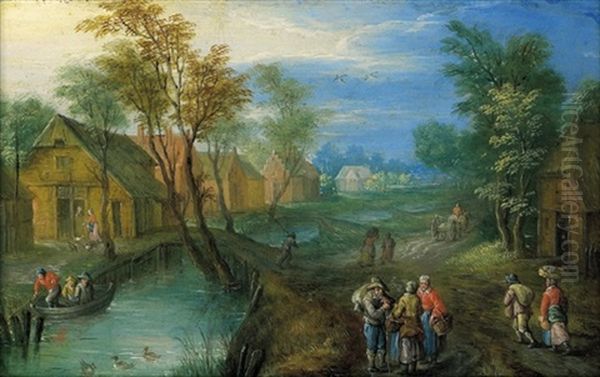 Landschaft Mit Bauernhausern An Einem Fluss Oil Painting by Karel Beschey