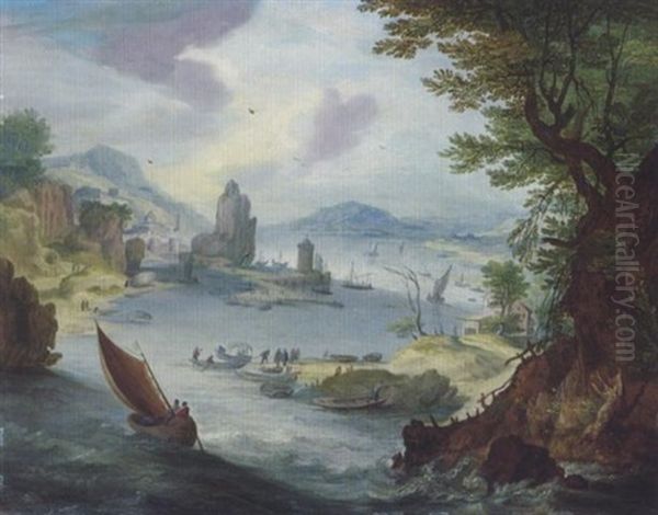 Weite Bewaldete Flusslandschaft Mit Schiffen Und Figuren Oil Painting by Karel Beschey