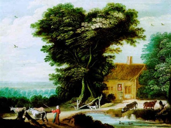 Bewaldete Fluslandschaft Mit Einem Bauernhaus Und Hirtin Mit Herde Oil Painting by Karel Beschey