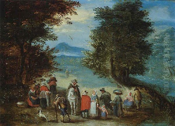 A Landscape With Travellers Resting By The Roadside Oil Painting by Karel Beschey