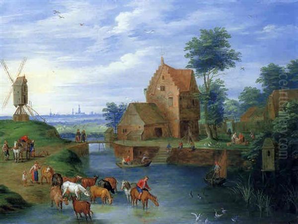 Bergers Et Leurs Troupeaux Traversant La Riviere Oil Painting by Karel Beschey