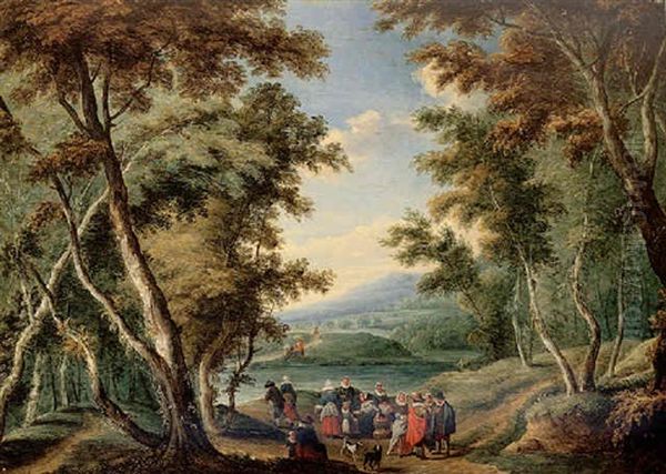 A Bosky Landscape With A Fruit Seller And Other Figures On A Track Oil Painting by Karel Beschey