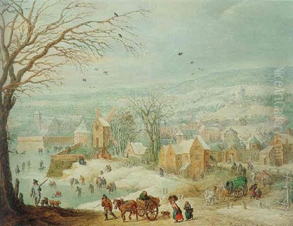 Extensive Winter Landscape With A Town And Figures Oil Painting by Karel Beschey