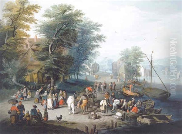 A Wooded River Landscape With Travellers Unloading Cargo Oil Painting by Karel Beschey