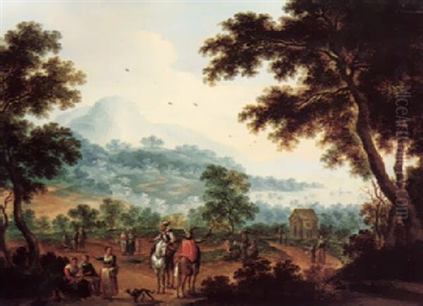 A Hilly Wooded Landscape With Travellers And Horsemen On A Path Oil Painting by Karel Beschey