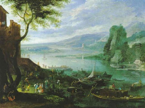 Weite Fluslandschaft Mit Vielen Figuren Und Booten Oil Painting by Karel Beschey