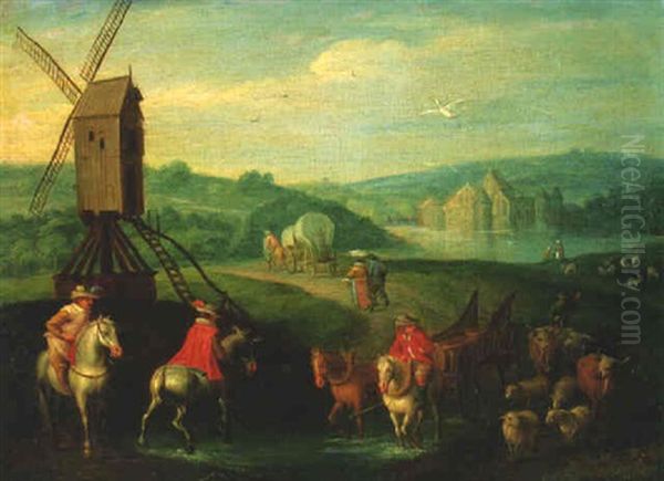 Figures And Farm Animals Near A Windmill Oil Painting by Karel Beschey