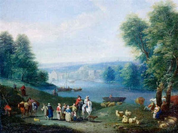 Paysage Fluvial Anime De Cavaliers Oil Painting by Karel Beschey