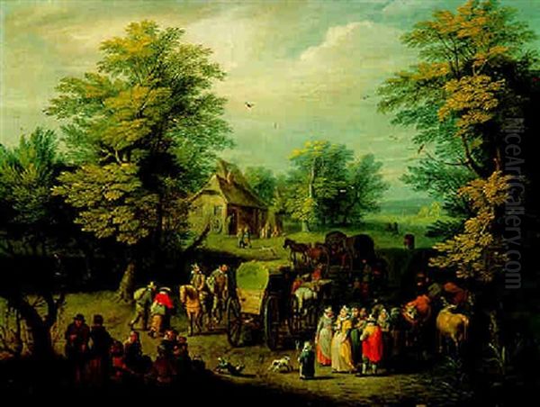 Travellers Resting On A Country Lane Oil Painting by Karel Beschey