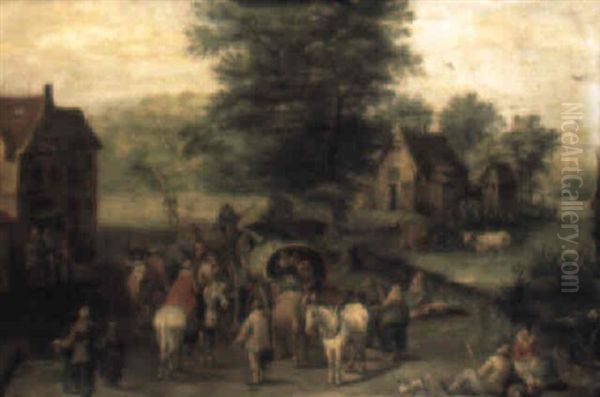 Villagers In A Wagon Conversing With Travellers On Horseback Oil Painting by Karel Beschey