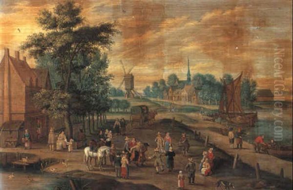 Peasants Promenading Along A Waterway By A Village Oil Painting by Karel Beschey