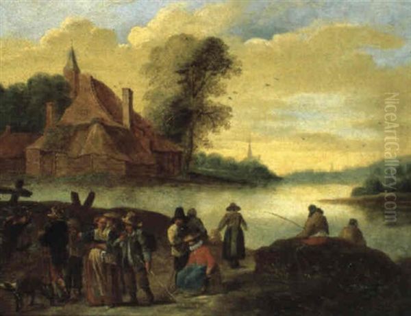 Scene Animee Au Bord De L'eau Oil Painting by Karel Beschey