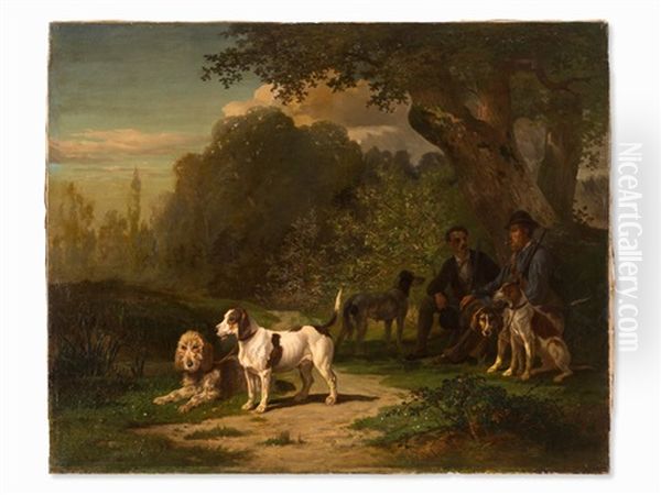 Resting Hunters With Dogs Oil Painting by Leopold de Besenval