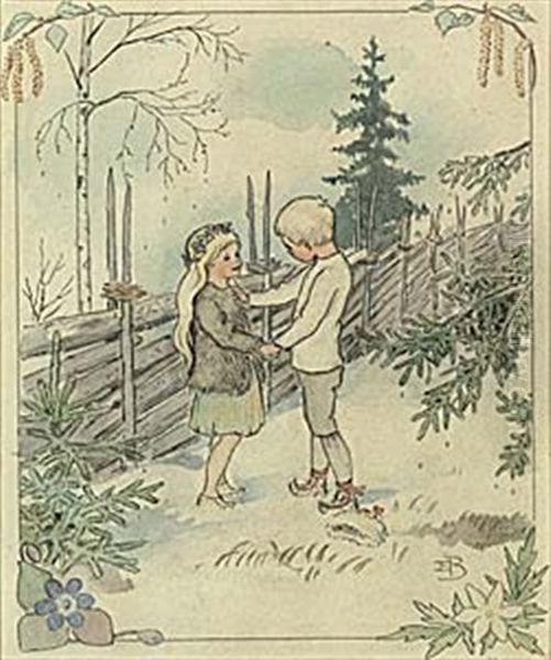 Varflickan Och Prins Vinter (from  En Varvintersaga) Oil Painting by Elsa Beskow