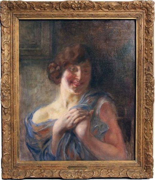 Femme Au Chale Bleu, Les Mains Jointes Oil Painting by Albert Besnard