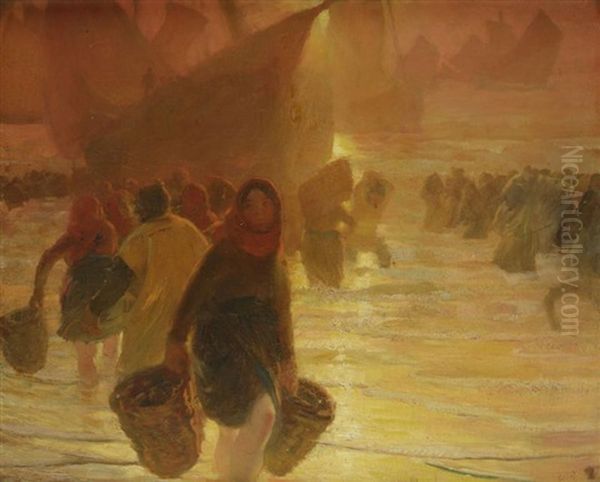 Pecheuses Berckoises Dechargeant Un Bateau Oil Painting by Albert Besnard