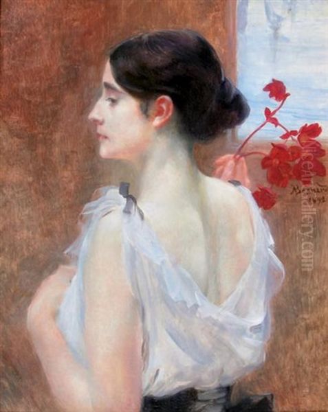 Jeune Femme A La Branche Fleurie Oil Painting by Albert Besnard