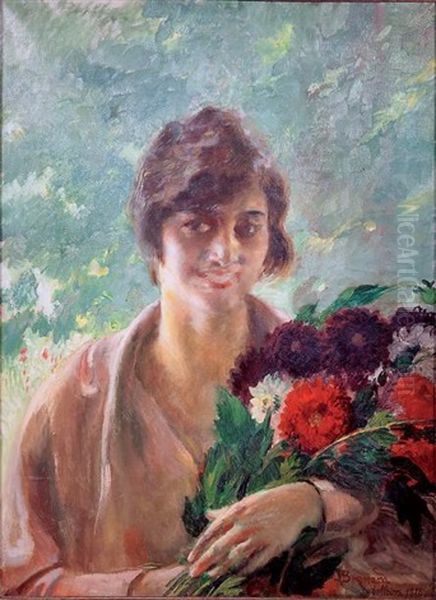 Femme Au Bouquet Oil Painting by Albert Besnard