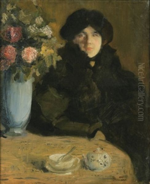 Portrait De Femme Au Vase De Fleurs Oil Painting by Albert Besnard