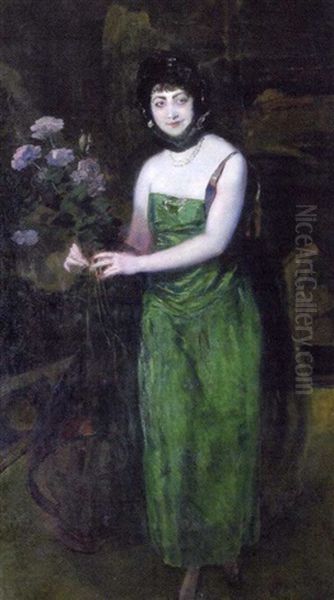 Portrait De Femme En Robe Verte Oil Painting by Albert Besnard