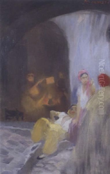 Jeunes Femmes Devant Le Cafe Maure Oil Painting by Albert Besnard