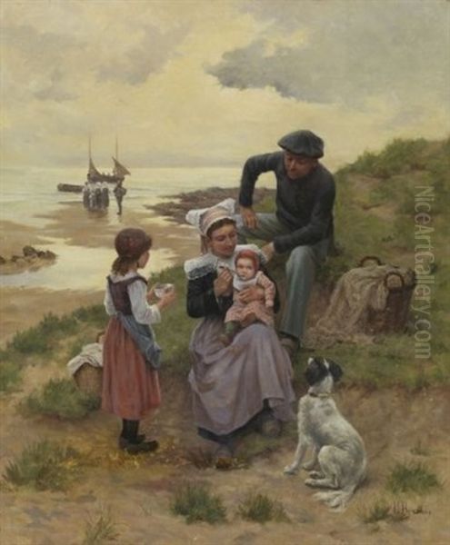 Famille De Pecheurs Sur La Plage Oil Painting by Amedee Besnus