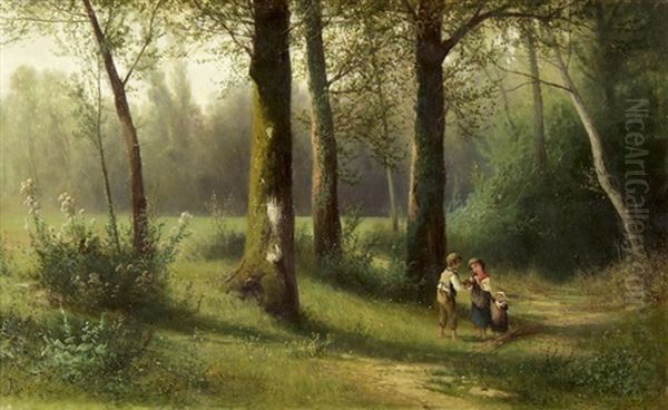 Kinder In Einer Bewaldeten Parklandschaft Oil Painting by Adolfo Besozzi