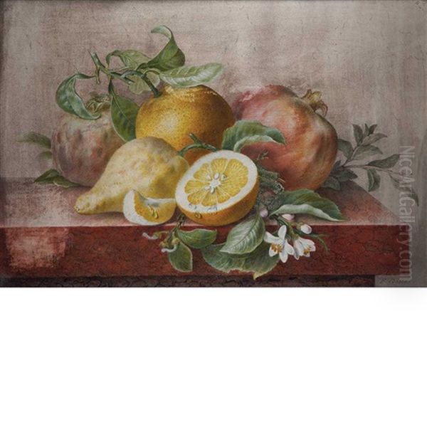 Still Life With Oranges, Pomegranates, Leaves, A Sprig Of Mint And Orange Flowers Oil Painting by Pancrace Bessa