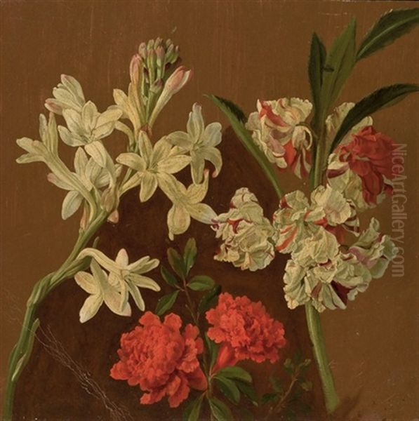 Jacinthe Blanche, Oeillets D'inde Rouges Et Autres Fleurs (+ Esquisse De Bouquets De Fleurs; Double-sided) Oil Painting by Pancrace Bessa