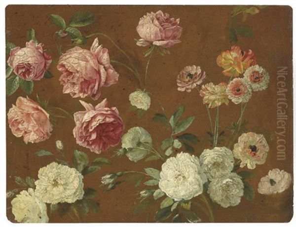 Pink And White Roses (+ Sketch With A Woman And Her Children; Verso) Oil Painting by Pancrace Bessa