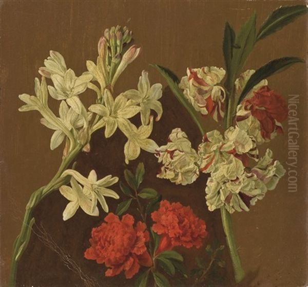 Jacinthe Blanche, Oeillets D'inde Rouges Et Autres Fleurs (+ Esquisse De Bouquets De Fleurs; Verso) Oil Painting by Pancrace Bessa