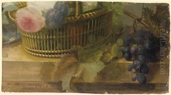 Un Panier De Roses Et Des Grappes De Raisins Posees Sur Un Entablement Oil Painting by Pancrace Bessa