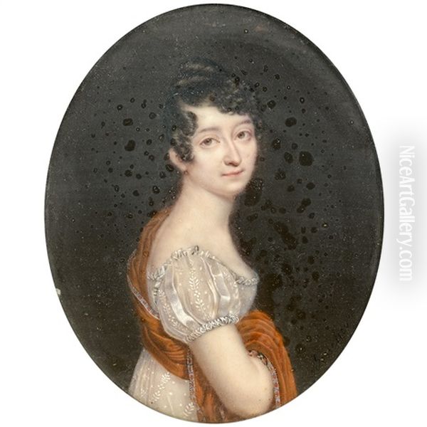 Portrait De Jeune Femme Au Chale Rouge Borde De Cachemire Oil Painting by Claude-Jean Besselievre