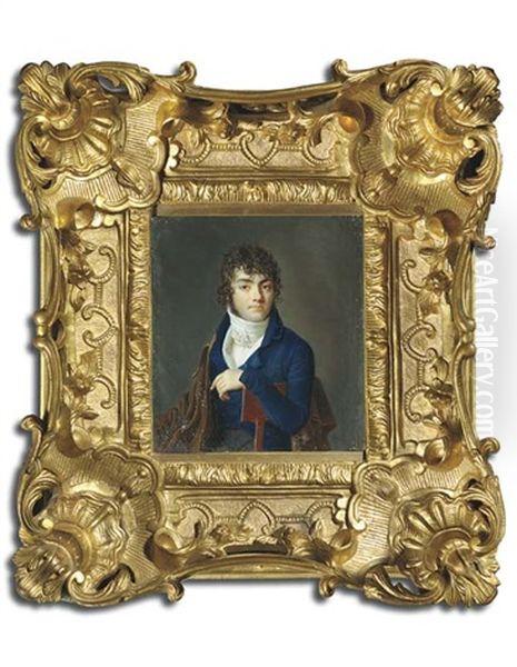 A Young Gentleman Seated With His Left Arm Draped Over The Back Of A Wooden Chair, In Blue Coat, White Waistcoat And Tied Cravat, Brown Cloak Draped Over His Right Shoulder by Claude-Jean Besselievre