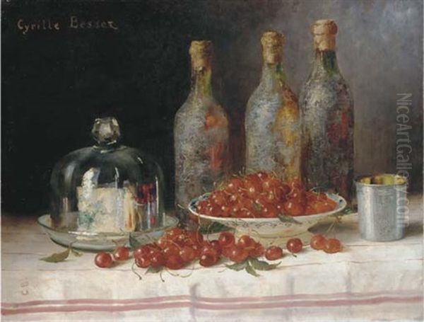 Still Life With Cherries, Cheese And Bottles On A Table Oil Painting by Cyrille Besset