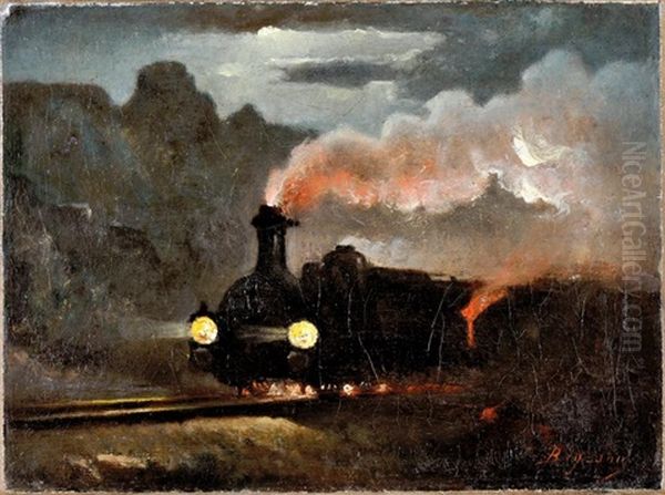 Locomotive Dans La Nuit Oil Painting by Louis Antoine Besson(Beysson)