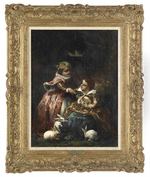 Two Children Playing With Rabbits Oil Painting by Faustin Besson