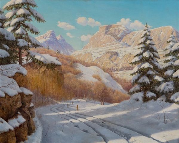 A Bright Winter Day In The Mountains Oil Painting by Boris Bessonof