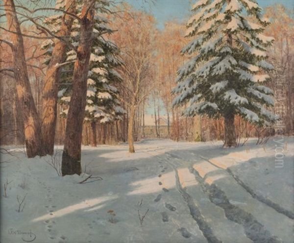 Tracks Through The Newly Fallen Snow Oil Painting by Boris Bessonof