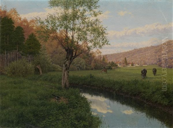 River Landscape With Cattle Oil Painting by Boris Vasilievich Bessonov