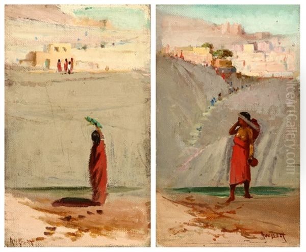 Standing Indian Figure Carrying A Basket (+ Standing Indian Figure In A Red Robe; 2 Works) Oil Painting by Arthur William Best