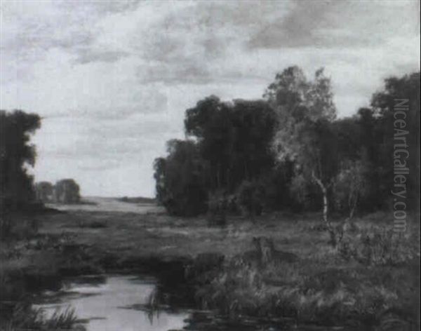 Waldschneise Mit Rehen An Einem Weiher by Hans Best