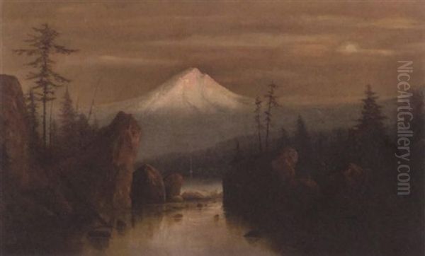 Night Camp At Lakeshore With Mount Hood In The Distance Oil Painting by Harry Cassie Best